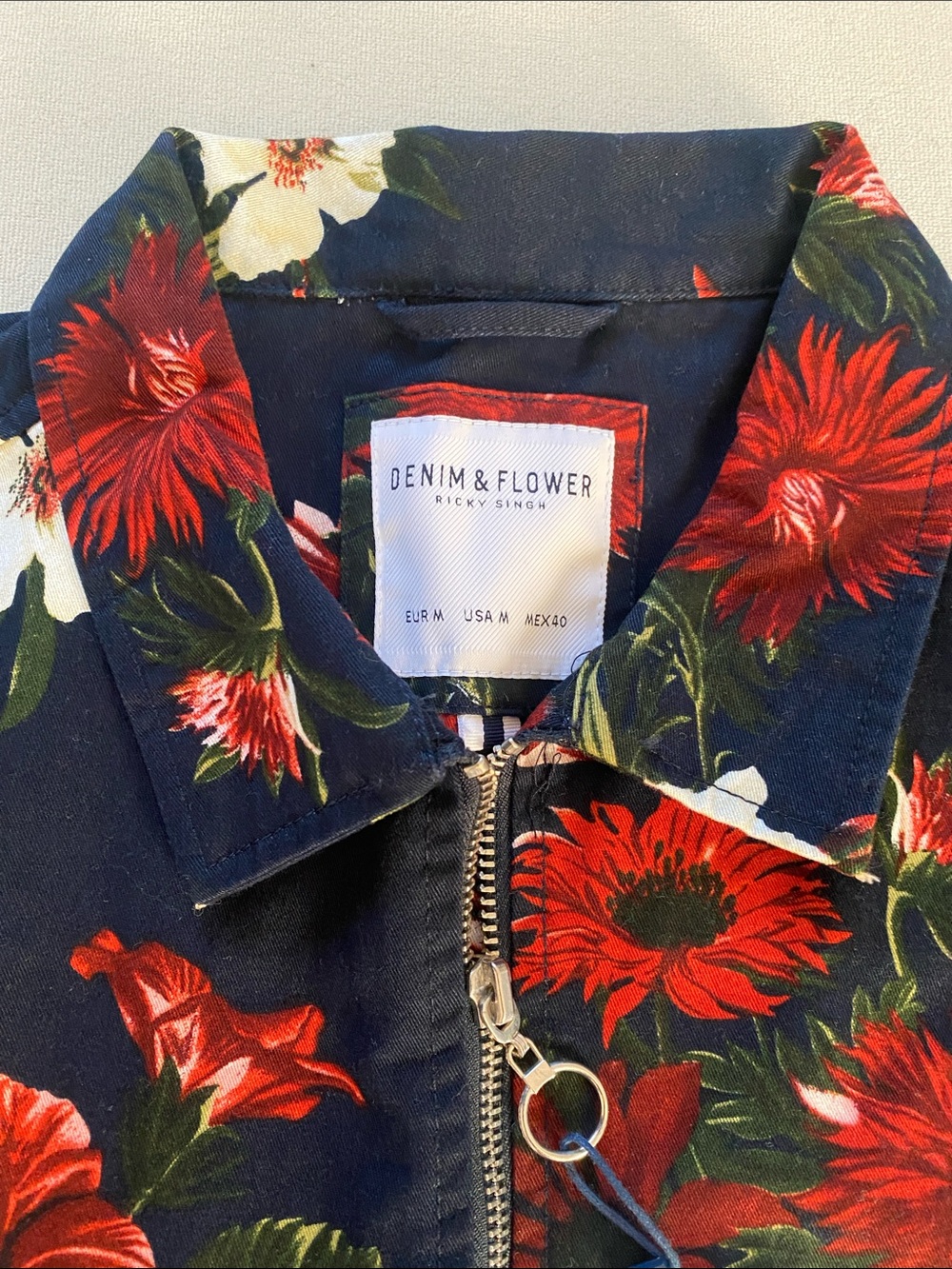 Denim & Flower Navy Floral Zip-Up Utility Jacket with Red & White Blooms - Picture 3 of 5